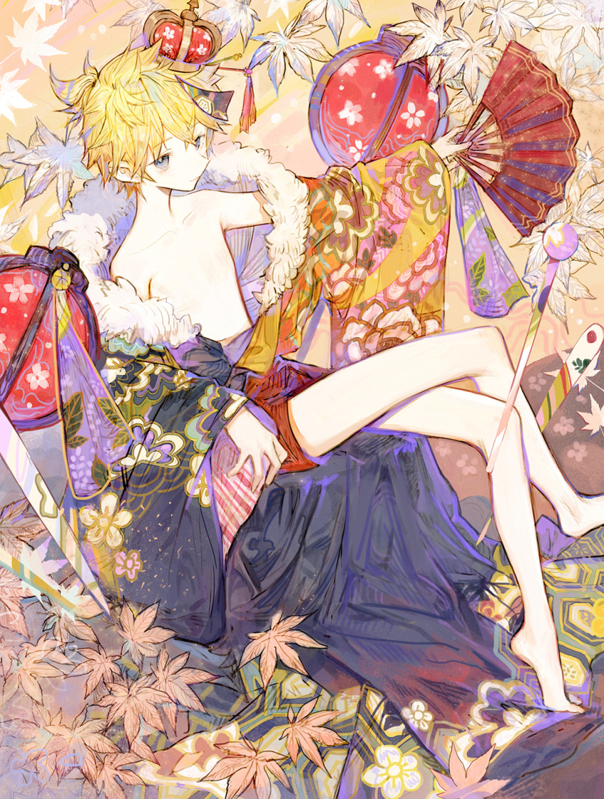 1boy bare_legs barefoot blonde_hair closed_mouth commentary_request eyebrows_visible_through_hair fan folding_fan gigantic_o.t.n_(vocaloid) green_eyes highres holding holding_fan japanese_clothes jitome kagamine_len lantern leaf legs_crossed long_sleeves looking_at_viewer male_focus maple_leaf paper_lantern rosette_(yankaixuan) shirtless sitting solo vocaloid wide_sleeves
