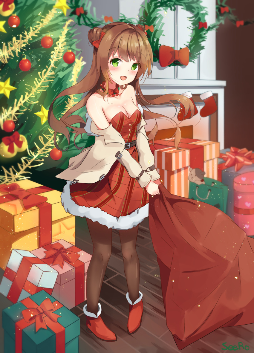 1girl :d ankle_boots artist_name bangs bare_shoulders beige_jacket black_legwear blush boots bow box breasts brown_hair christmas christmas_ornaments christmas_stocking christmas_tree christmas_wreath cleavage collarbone commentary dog double_bun dress eyebrows_visible_through_hair fireplace fur-trimmed_dress gift gift_box girls_frontline green_eyes hair_bow head_tilt heart high_heels highres holding holding_sack indoors jacket large_breasts long_hair long_sleeves looking_at_viewer off_shoulder open_mouth pantyhose pigeon-toed red_bow red_dress red_footwear rfb_(girls_frontline) sack seero side_bun smile solo standing star strapless strapless_dress striped very_long_hair wooden_floor