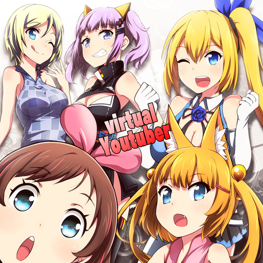 5girls a.i._channel bangs blonde_hair blue_eyes blush bow breasts brown_hair character_request commentary_request dennou_shoujo_youtuber_shiro eyebrows_visible_through_hair hair_bow hairband highres kaguya_luna kaguya_luna_(character) kizuna_ai kotori_photobomb long_hair looking_at_viewer multicolored_hair multiple_girls one_eye_closed open_mouth parody pink_bow pink_hair shiro_(dennou_shoujo_youtuber_shiro) siroyoutuber smile tom_(drpow) twintails