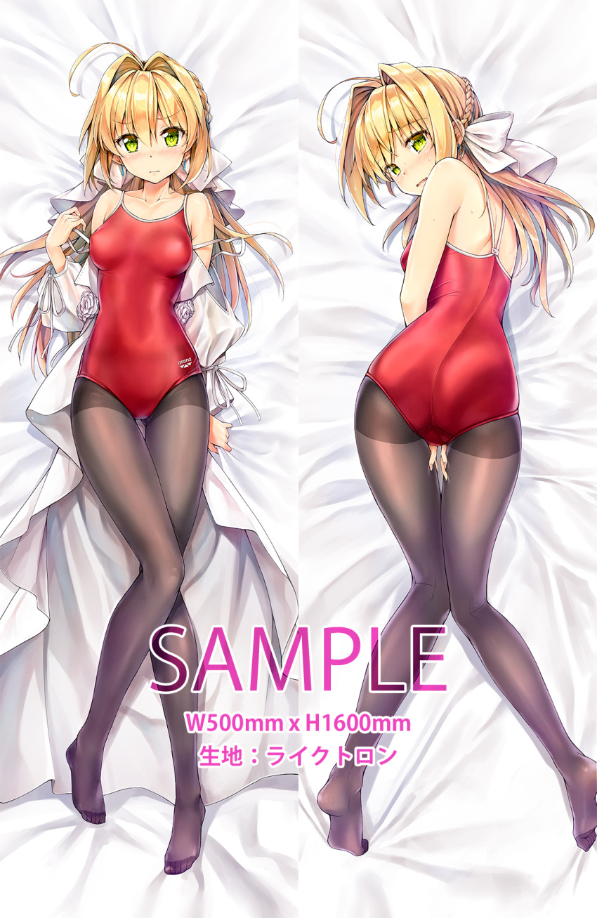 1girl ahoge ass bangs between_legs black_legwear blush bow braid breasts clothes_writing collarbone competition_swimsuit cowboy_shot crown_braid dakimakura dress earrings embarrassed eyebrows_visible_through_hair fate/grand_order fate_(series) flower from_above from_behind hair_intakes hairband hand_between_legs highres jewelry kotatsu_(kotatsu358) long_hair looking_at_viewer looking_back lying messy_hair multiple_views nero_claudius_(fate) nero_claudius_(fate)_(all) nose_blush on_back on_stomach one-piece_swimsuit open_mouth pantyhose pantyhose_under_swimsuit puffy_sleeves raised_eyebrows red_swimsuit rose small_breasts strapless strapless_dress sweat swimsuit tagme thigh_gap undressing wavy_mouth white_bow white_rose