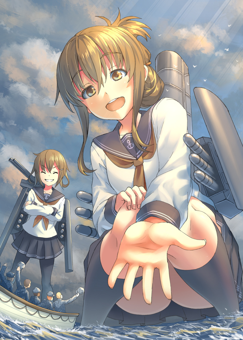 2girls 5boys bird black_legwear blue_skirt brown_hair closed_eyes clouds folded_ponytail from_below giantess hair_ornament hairclip highres ikazuchi_(kantai_collection) inazuma_(kantai_collection) kantai_collection kuro_oolong long_hair long_sleeves multiple_boys multiple_girls ocean open_mouth pantyhose pleated_skirt reaching_out rigging rowboat sailor sailor_collar school_uniform serafuku size_difference skirt sky smile smokestack socks standing standing_on_liquid striped striped_skirt sunlight torpedo_tubes turret