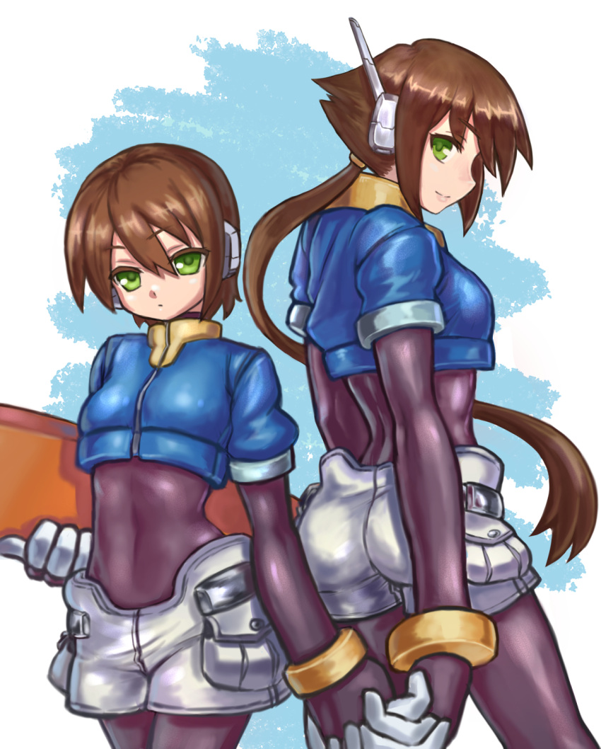 2girls aile bodysuit breasts brown_hair drill_(emilio) dual_persona gloves green_eyes highres long_hair multiple_girls ponytail rockman rockman_zx rockman_zx_advent short_hair shorts skin_tight smile spandex