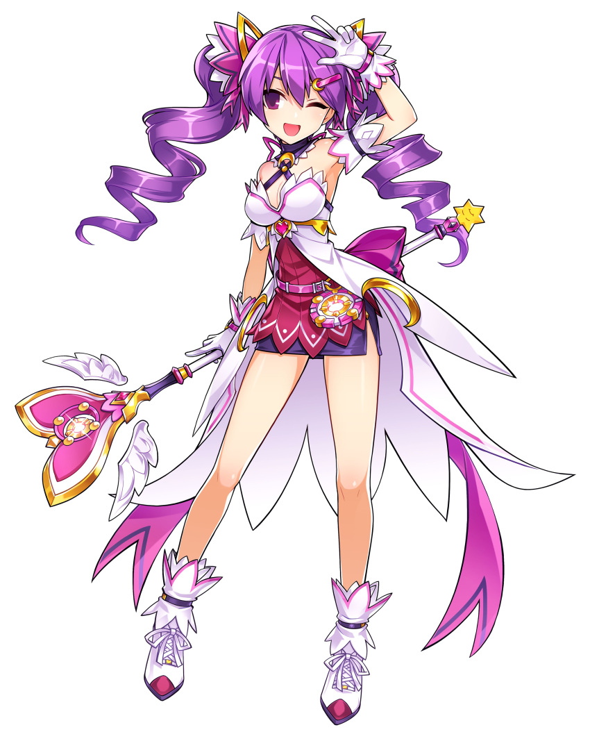 1girl ;d absurdres aisha_(elsword) bare_legs bow crescent crescent_hair_ornament dimension_witch_(elsword) elsword full_body gloves hair_ornament hairclip highres holding holding_staff long_hair official_art one_eye_closed open_mouth purple_bow purple_hair purple_skirt ress ringlets shoes skirt smile solo staff standing twintails v violet_eyes white_footwear white_gloves