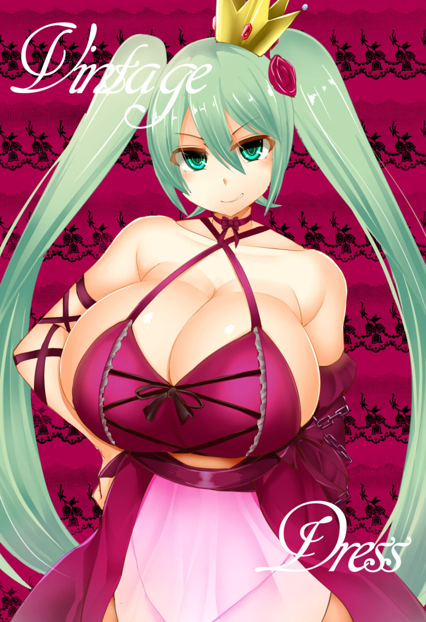 1girl breasts cleavage crown detached_sleeves facominn green_eyes green_hair grin hand_on_hip hatsune_miku highres huge_breasts long_hair looking_at_viewer smile solo twintails very_long_hair vocaloid