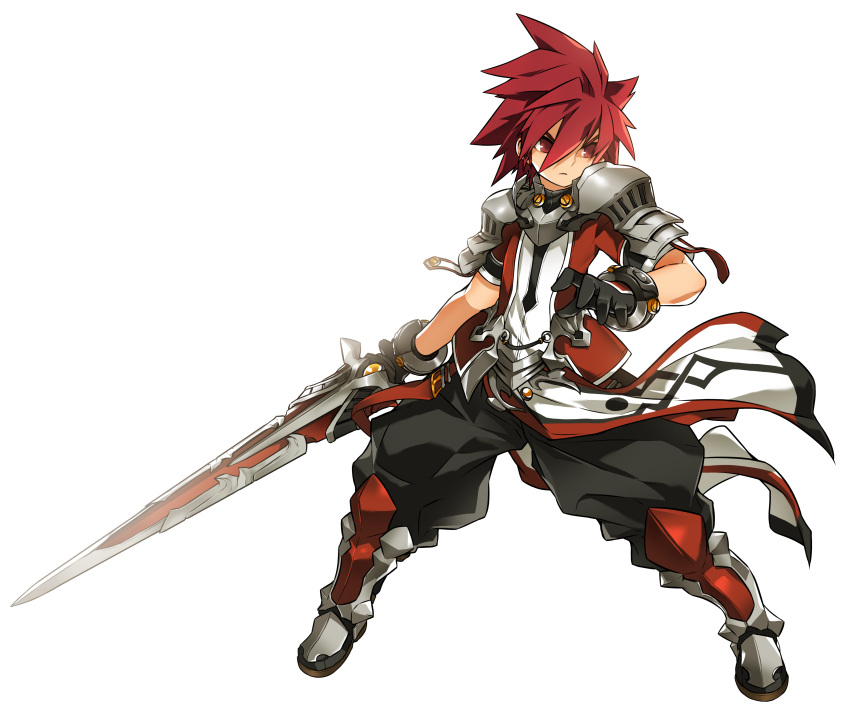 1boy absurdres armor black_gloves black_pants boots closed_mouth elsword elsword_(character) full_body gloves highres holding holding_sword holding_weapon knee_boots looking_to_the_side lord_knight_(elsword) male_focus metal_boots official_art pants pauldrons red_eyes redhead ress serious solo spiky_hair standing surcoat sword weapon