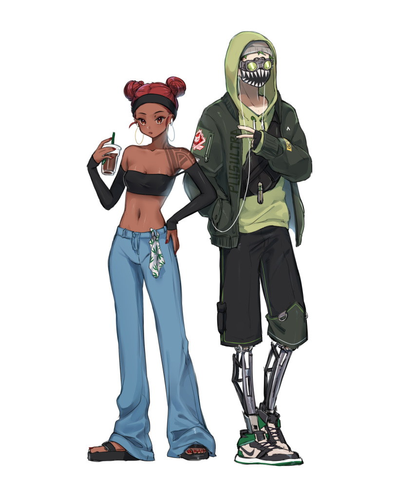 1boy 1girl absurdres apex_legends arm_tattoo barefoot_sandals beanie black_headband black_shorts black_tubetop bomber_jacket brown_eyes collarbone cup dark-skinned_female dark_skin disposable_cup double_bun earrings fanny_pack goggles green_hair green_hoodie green_jacket grey_headwear hat headband highres holding holding_cup hood hoodie hoop_earrings jacket jewelry lifeline_(apex_legends) mask mechanical_legs midriff mouth_mask navel nike nimo_(fb74716610) octane_(apex_legends) off_shoulder redhead shoes shorts sleeves sneakers starbucks strapless tattoo tubetop v