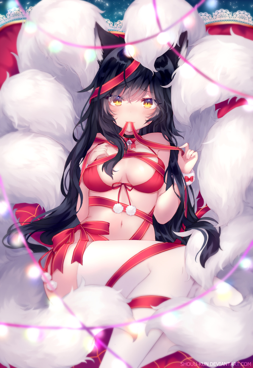 1girl ahri animal_ears bangs bell bell_collar black_hair blush bound breasts choker collar deviantart_username fox_ears fox_tail hand_on_own_chest highres kitsune league_of_legends long_hair looking_at_viewer medium_breasts shouu-kun sitting solo tail thigh-highs tied_up very_long_hair whisker_markings yellow_eyes