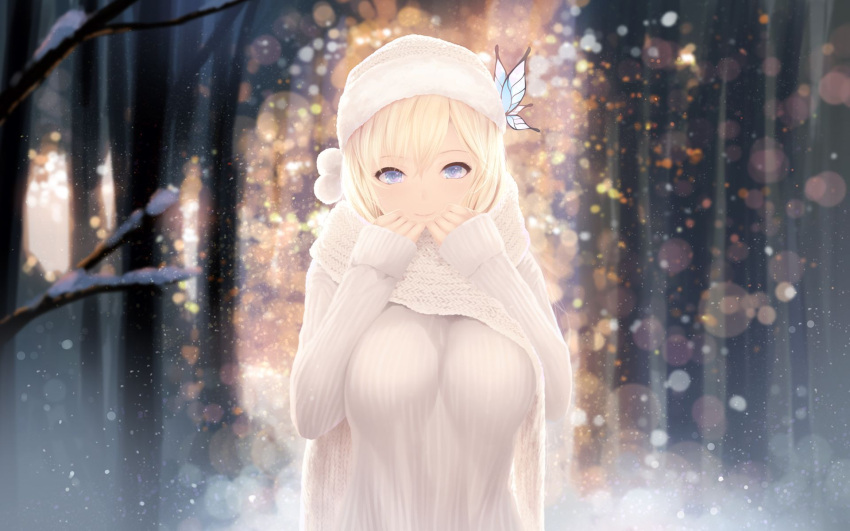 1girl blonde_hair blue_eyes boku_wa_tomodachi_ga_sukunai butterfly_hair_ornament cait forest hair_ornament hands_up hat highres holding_scarf kashiwazaki_sena nature outdoors smile snow solo sweater upper_body white_hat white_sweater