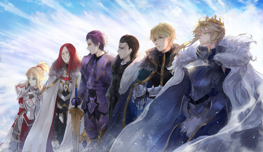 2girls 4boys agravain_(fate/grand_order) armor armored_dress artoria_pendragon_(all) artoria_pendragon_(lancer) backlighting bangs black_armor black_eyes black_hair black_shirt blonde_hair blue_cloak blue_dress blue_sky braid breastplate closed_eyes closed_mouth clouds commentary cross crown day dress excalibur_galatine expressionless eyebrows_visible_through_hair fate/grand_order fate_(series) faulds floating_hair french_braid fur-trimmed_cloak fur_trim gauntlets gawain_(fate/grand_order) gold_trim greaves green_eyes grin hair_between_eyes hair_ornament hair_scrunchie hair_slicked_back high_collar highres kachi knights_of_the_round_table_(fate) lancelot_(fate/grand_order) light_particles long_hair long_sleeves looking_away mordred_(fate) mordred_(fate)_(all) multiple_boys multiple_girls pauldrons ponytail purple_armor purple_hair red_scrunchie redhead scrunchie serious shirt short_hair_with_long_locks sidelocks sky smile solo standing tristan_(fate/grand_order) vambraces violet_eyes white_cloak wind