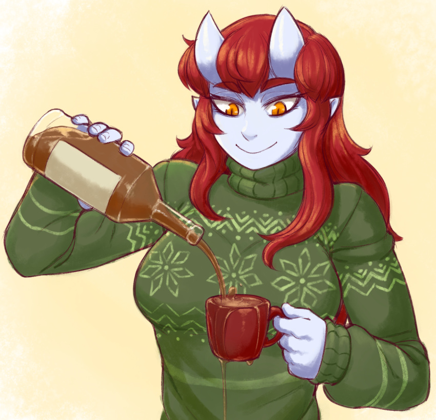 1girl aoi_(ittla) blue_skin bottle commentary cup eyebrows_visible_through_hair green_sweater horns ittla long_hair looking_down oni_horns orange_eyes original pointy_ears pouring redhead sketch slit_pupils smile solo spilling sweater thick_eyebrows turtleneck turtleneck_sweater upper_body