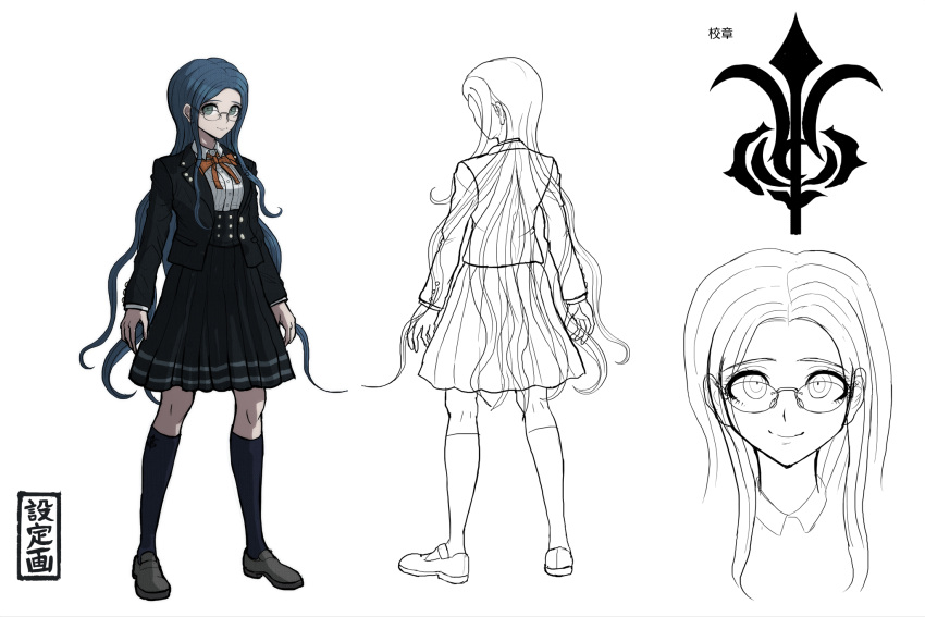 1girl blazer blue_hair character_sheet concept_art dangan_ronpa full_body glasses green_eyes high-waist_skirt highres jacket kneehighs komatsuzaki_rui long_hair looking_at_viewer multiple_views new_dangan_ronpa_v3 official_art orange_ribbon pleated_skirt reference_sheet ribbon school_uniform shirogane_tsumugi shirt simple_background skirt smile translation_request white_background white_shirt