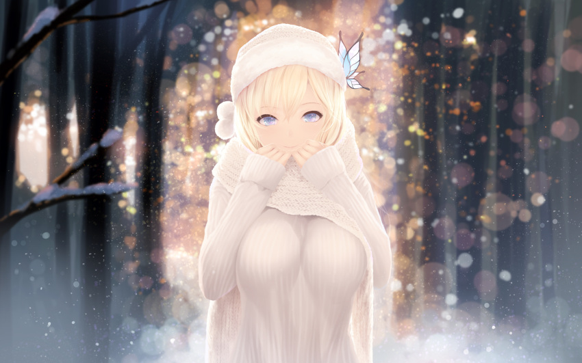 1girl blonde_hair blue_eyes boku_wa_tomodachi_ga_sukunai butterfly_hair_ornament cait forest hair_ornament hands_up hat highres holding_scarf kashiwazaki_sena looking_at_viewer nature outdoors smile snow solo sweater upper_body white_hat white_sweater