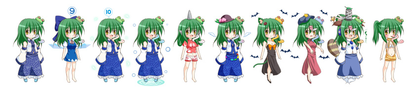 (9) 1girl angry animal_ears bare_shoulders bat black_dress breasts cat_ears cat_tail chibi cirno cirno_(cosplay) cleavage cosplay detached_sleeves dress earmuffs expressive_clothes food frog_hair_ornament fruit fusion futatsuiwa_mamizou futatsuiwa_mamizou_(cosplay) ghost_tail glasses green_hair hair_ornament hair_rings hair_stick hat highres hinanawi_tenshi hinanawi_tenshi_(cosplay) horn kaku_seiga kaku_seiga_(cosplay) kasodani_kyouko kasodani_kyouko_(cosplay) kochiya_sanae leaf leaf_on_head long_hair long_image meme_attire miyako_yoshika miyako_yoshika_(cosplay) mononobe_no_futo mononobe_no_futo_(cosplay) multiple_girls navel ofuda open_mouth outstretched_arms peach pince-nez pocky pyonta raccoon_tail shorts skirt smile snake_hair_ornament soga_no_tojiko soga_no_tojiko_(cosplay) star tail tate_eboshi touhou virgin_killer_sweater wide_image wings yellow_eyes zombie_pose