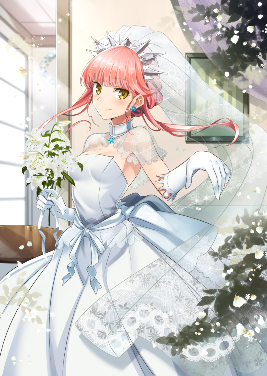 1girl bangs breasts bridal_veil crown dress earrings elbow_gloves fate/grand_order fate_(series) gloves highres jewelry long_hair looking_at_viewer medb_(fate/grand_order) medium_breasts pink_hair shimo_(s_kaminaka) smile solo strapless strapless_dress tiara veil wedding_dress white_dress yellow_eyes
