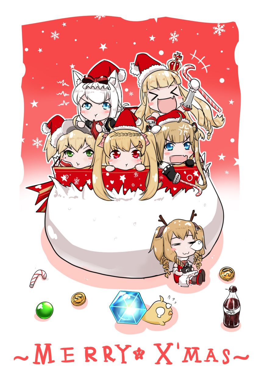&gt;_&lt; 6+girls :d :t =_= admiral_hipper_(azur_lane) amazon_(azur_lane) animal_ears antlers arm_up azur_lane bangs black_gloves blonde_hair blue_eyes blunt_bangs box braid camera candy candy_cane cat_ears chibi christmas closed_eyes closed_mouth coin commentary_request crescent crescent_(azur_lane) crescent_hair_ornament crown dress eyebrows_visible_through_hair fang flying_sweatdrops food fur-trimmed_dress fur-trimmed_hat gift gift_box glass_bottle gloves green_eyes gridley_(azur_lane) hair_ornament hair_ribbon hammann_(azur_lane) hat highres holding holding_camera holding_candy_cane in_box in_container long_hair looking_at_viewer merry_christmas mini_crown multiple_girls open_mouth p_ion pink_ribbon pout puffy_short_sleeves puffy_sleeves queen_elizabeth_(azur_lane) red_dress red_eyes red_hat reindeer_antlers reindeer_ears ribbon ringlets santa_costume santa_hat short_sleeves silver_hair sitting smile snowflakes star star_hair_ornament twintails v-shaped_eyebrows very_long_hair xd