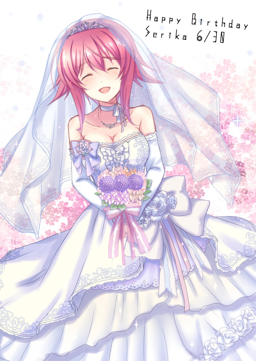 1girl ^_^ ^o^ absurdres breasts chaos;child closed_eyes dress highres looking_at_viewer nishijou_myu onoe_serika redhead smile solo wedding_dress