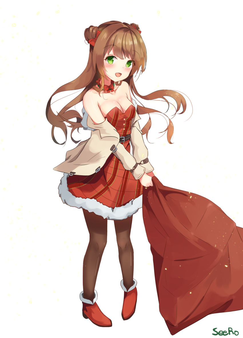 1girl :d ankle_boots artist_name bangs bare_shoulders beige_jacket black_legwear blush boots bow breasts brown_hair cleavage collarbone double_bun dress eyebrows_visible_through_hair fur-trimmed_dress girls_frontline green_eyes hair_bow head_tilt high_heels highres holding holding_sack jacket large_breasts long_hair long_sleeves looking_at_viewer off_shoulder open_mouth pantyhose pigeon-toed red_bow red_dress red_footwear rfb_(girls_frontline) sack seero side_bun simple_background smile solo standing strapless strapless_dress very_long_hair white_background
