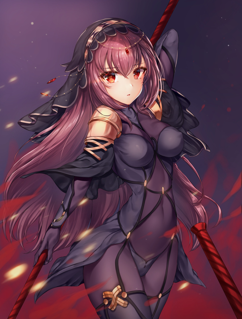 1girl absurdres arm_behind_back bangs blush bodysuit circlet covered_navel fate/grand_order fate_(series) hair_between_eyes highres holding holding_weapon lance long_hair looking_at_viewer painteen parted_lips polearm red_eyes redhead scathach_(fate/grand_order) solo spaulders standing veil weapon