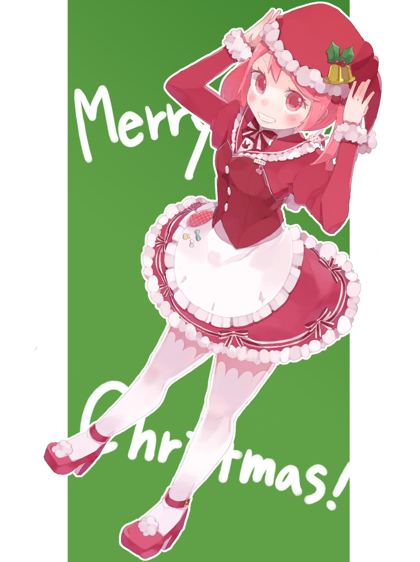 adjusting_clothes adjusting_hat alternate_costume apron bell collar dress frilled_collar frilled_skirt frills from_above hair_bobbles hair_ornament hat high_heels highres kantai_collection looking_at_viewer merry_christmas pink_eyes pink_hair red_dress santa_costume santa_hat sazanami_(kantai_collection) shoes short_hair skirt smile suppaman_(rfjy) thigh-highs twintails white_legwear