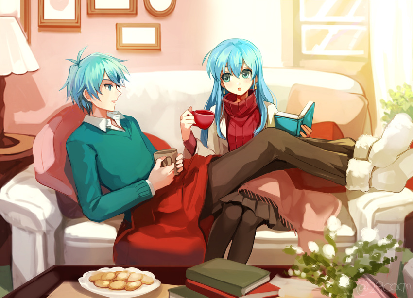 1boy 1girl 2900cm aqua_hair armor blue_eyes blue_hair brother_and_sister cape christmas couch eirika ephraim fire_emblem fire_emblem:_seima_no_kouseki gloves green_eyes green_hair house long_hair polearm room short_hair siblings smile sweater weapon