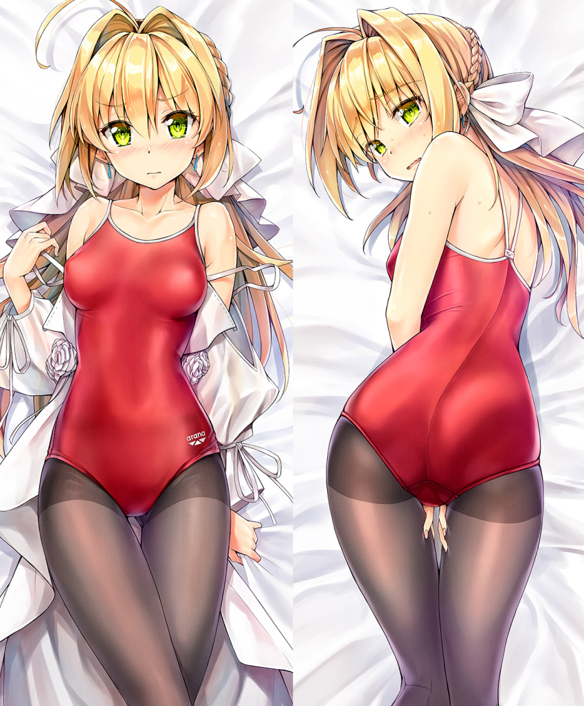 1girl ahoge ass bangs between_legs black_legwear blush bow braid breasts clothes_writing collarbone commentary_request competition_swimsuit cowboy_shot crown_braid dakimakura dress earrings embarrassed eyebrows_visible_through_hair fate/grand_order fate_(series) flower from_above from_behind hair_intakes hairband hand_between_legs highres jewelry kotatsu_(kotatsu358) long_hair looking_at_viewer looking_back lying messy_hair multiple_views nero_claudius_(fate)_(all) nero_claudius_(swimsuit_caster)_(fate) nose_blush on_back on_stomach one-piece_swimsuit open_mouth pantyhose pantyhose_under_swimsuit puffy_sleeves raised_eyebrows red_swimsuit rose small_breasts strapless strapless_dress sweat swimsuit thigh_gap undressing wavy_mouth white_bow white_rose