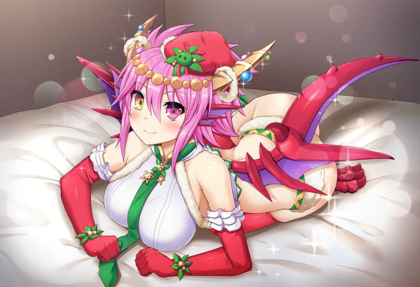 1girl absurdres bangs bare_shoulders blush breasts christmas closed_mouth commentary_request crop_top dragon_girl dragon_horns dragon_tail dragon_wings elbow_gloves eyebrows_visible_through_hair full_body fur_trim glint gloves green_neckwear hair_between_eyes halterneck hat heterochromia highres horns large_breasts looking_at_viewer lying necktie on_bed pink_eyes pink_hair puzzle_&amp;_dragons red_gloves red_legwear samoore santa_hat shadow shiny shiny_hair short_hair short_shorts shorts sidelocks smile solo sonia_(p&amp;d) sparkle spiky_hair star tail thigh-highs wings yellow_eyes