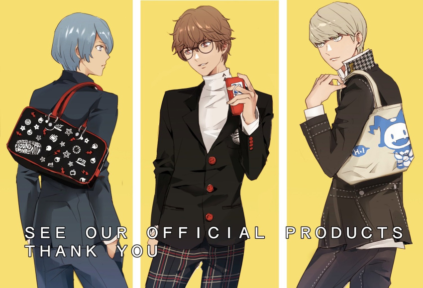 artist_request bag black_hair blue_eyes digital_media_player glasses grey_eyes grey_hair kurusu_akira looking_at_viewer multiple_boys narukami_yuu persona persona_3 persona_4 persona_5 school_uniform short_hair shuujin_academy_uniform smile yasogami_school_uniform yuuki_makoto