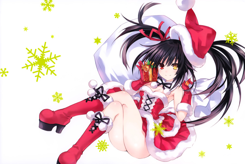 1girl absurdres adapted_costume ass asymmetrical_hair bare_shoulders black_hair boots breasts carrying_over_shoulder cleavage clock_eyes date_a_live dress full_body fur_trim gift gloves hat heterochromia highres holding holding_bag holding_gift knee_boots legs_crossed long_hair looking_at_viewer medium_breasts official_art red_dress red_eyes red_footwear red_gloves santa_costume santa_hat smile snowflake_background solo symbol-shaped_pupils tokisaki_kurumi tsunako twintails yellow_eyes