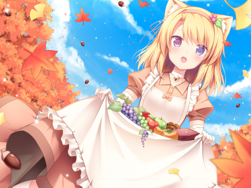 1girl :o absurdres acorn animal_ears apple apron apron_basket autumn_leaves bangs bell bell_choker blonde_hair blowing_leaves blue_sky blurry blurry_foreground breasts brown_shirt brown_skirt cat_ears choker clouds collarbone collared_shirt commentary_request day depth_of_field dress_shirt dutch_angle eyebrows_visible_through_hair fangs food frilled_apron frills fruit grapes green_apple hair_between_eyes hair_ornament hairband heterochromia highres jingle_bell leaf long_hair looking_away maid_apron maple_leaf mushroom open_mouth original outdoors pink_hairband puffy_short_sleeves puffy_sleeves red_apple sasakura_momiji shirt short_sleeves skirt sky small_breasts solo sparkle sweet_potato tree upper_teeth violet_eyes white_apron white_choker