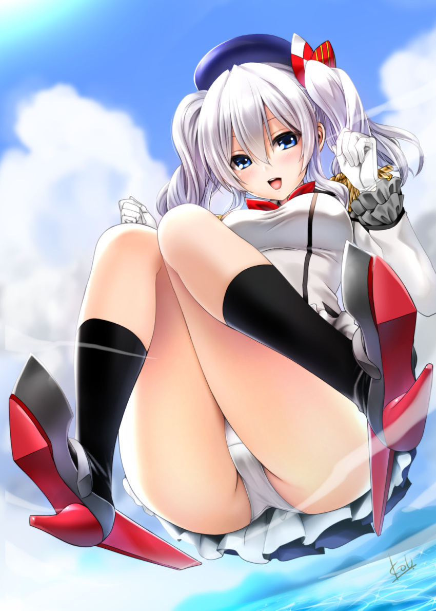 1girl beret black_hat black_legwear blue_eyes blue_sky breasts commentary_request day epaulettes gloves grey_eyes hat highres jacket kantai_collection kashima_(kantai_collection) kerchief kneehighs large_breasts long_sleeves looking_at_viewer midair military_jacket mitarashi_kousei neckerchief open_mouth outdoors panties pantyshot pleated_skirt red_neckwear sidelocks silver_hair skirt sky socks solo tsurime twintails underwear upskirt water wavy_hair white_gloves white_jacket white_panties
