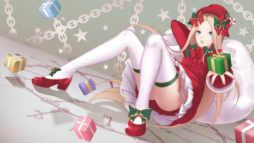 1girl abigail_williams_(fate/grand_order) ass bangs bell blonde_hair blue_eyes bow box candy candy_cane chains commentary dress dutch_angle eyebrows_visible_through_hair fate/grand_order fate_(series) food forehead gift gift_box green_bow hat high_heels highres holding holding_gift jingle_bell long_hair long_sleeves looking_at_viewer open_mouth panties parted_bangs red_bow red_dress red_footwear red_hat scal2let sleeves_past_wrists solo thigh-highs underwear very_long_hair white_legwear white_panties
