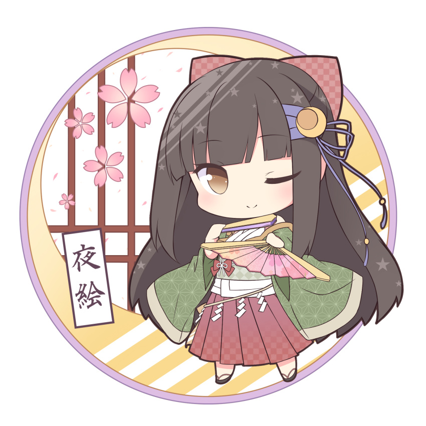 1girl ;) bangs black_hair blunt_bangs blush bow brown_eyes checkered checkered_bow checkered_skirt cherry_blossoms chibi closed_fan closed_mouth commentary_request crescent crescent_hair_ornament eyebrows_visible_through_hair fan folding_fan green_kimono hair_bow hair_ornament highres holding holding_fan japanese_clothes kimono looking_at_viewer one_eye_closed original pleated_skirt red_bow red_skirt sasakura_momiji short_kimono skirt smile solo star translation_request