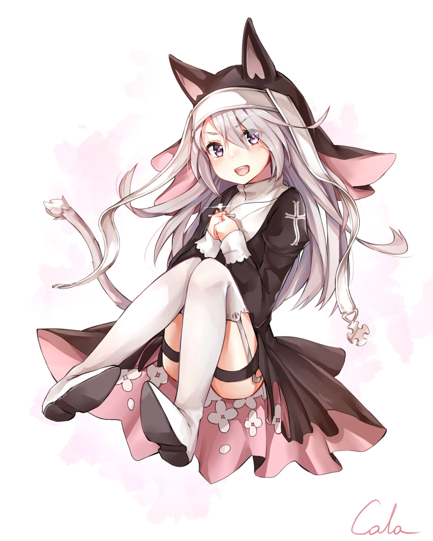 +_+ 1girl absurdres animal_ears bangs black_cola black_dress blush boots cat_tail dress eyebrows_visible_through_hair eyes_visible_through_hair fangs floating floating_hair floral_print garter_belt girls_frontline glowing head_tilt high_heels highres holding_cross jewelry knees_together_feet_apart long_hair looking_at_viewer maid_headdress necklace nun open_mouth own_hands_together p7_(girls_frontline) signature simple_background smile star swept_bangs tail thigh-highs thigh_boots thigh_strap thighs violet_eyes white_footwear white_hair white_legwear white_tail zettai_ryouiki