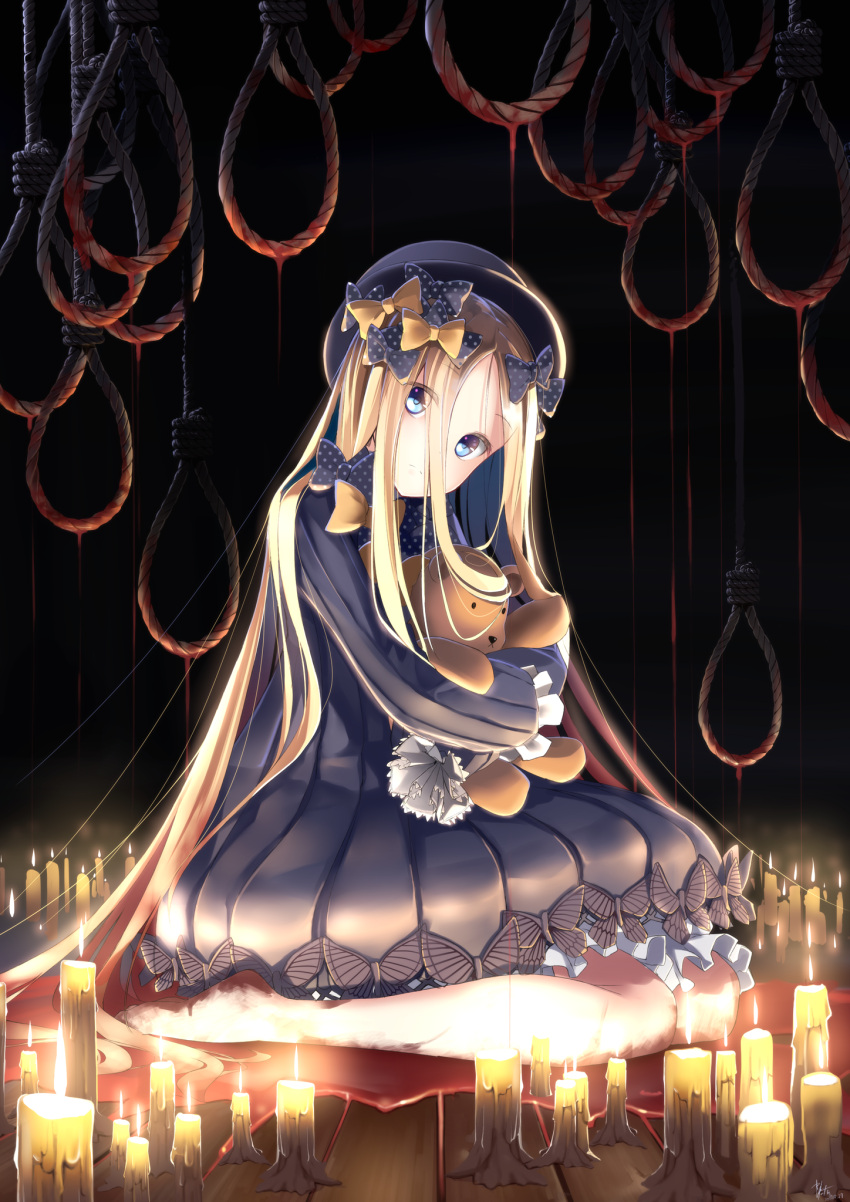1girl abigail_williams_(fate/grand_order) bangs barefoot black_background black_bow black_dress black_hat blonde_hair blood bloomers blue_eyes bow butterfly candle candlelight closed_mouth commentary_request dirty dirty_feet dress fate/grand_order fate_(series) hair_bow hat head_tilt highres long_hair long_sleeves looking_at_viewer makadamixa noose object_hug orange_bow parted_bangs polka_dot polka_dot_bow rope sitting sleeves_past_wrists solo stuffed_animal stuffed_toy teddy_bear underwear very_long_hair wariza white_bloomers