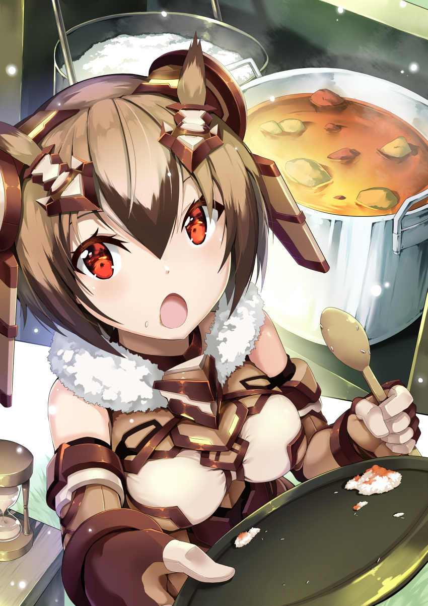 1girl :o absurdres adapted_costume alternate_breast_size arm_warmers armor armored_dress bangs breasts brown_dress brown_gloves brown_hair commentary_request cooking curry detached_sleeves dress dutch_angle eurasian_eagle_owl_(kemono_friends) food food_on_face from_above fur_collar gloves hair_between_eyes headgear highres holding holding_spoon holding_tray hourglass indoors jie_laite kemono_friends light_particles looking_at_viewer medium_breasts multicolored_hair open_mouth orange_eyes pot rice short_hair solo spoon standing table tray two-tone_hair wooden_spoon