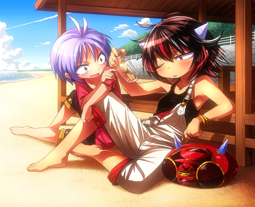 2girls alternate_costume bare_arms beach black_hair blue_sky bottle cd_player clouds commentary_request condensation_trail day horns japanese_clothes kijin_seija kimono knee_up multicolored_hair multiple_girls one_eye_closed outdoors overalls paper purple_hair red_eyes redhead shimizu_pem short_sleeves sky smile streaked_hair sukuna_shinmyoumaru summer touhou white_hair