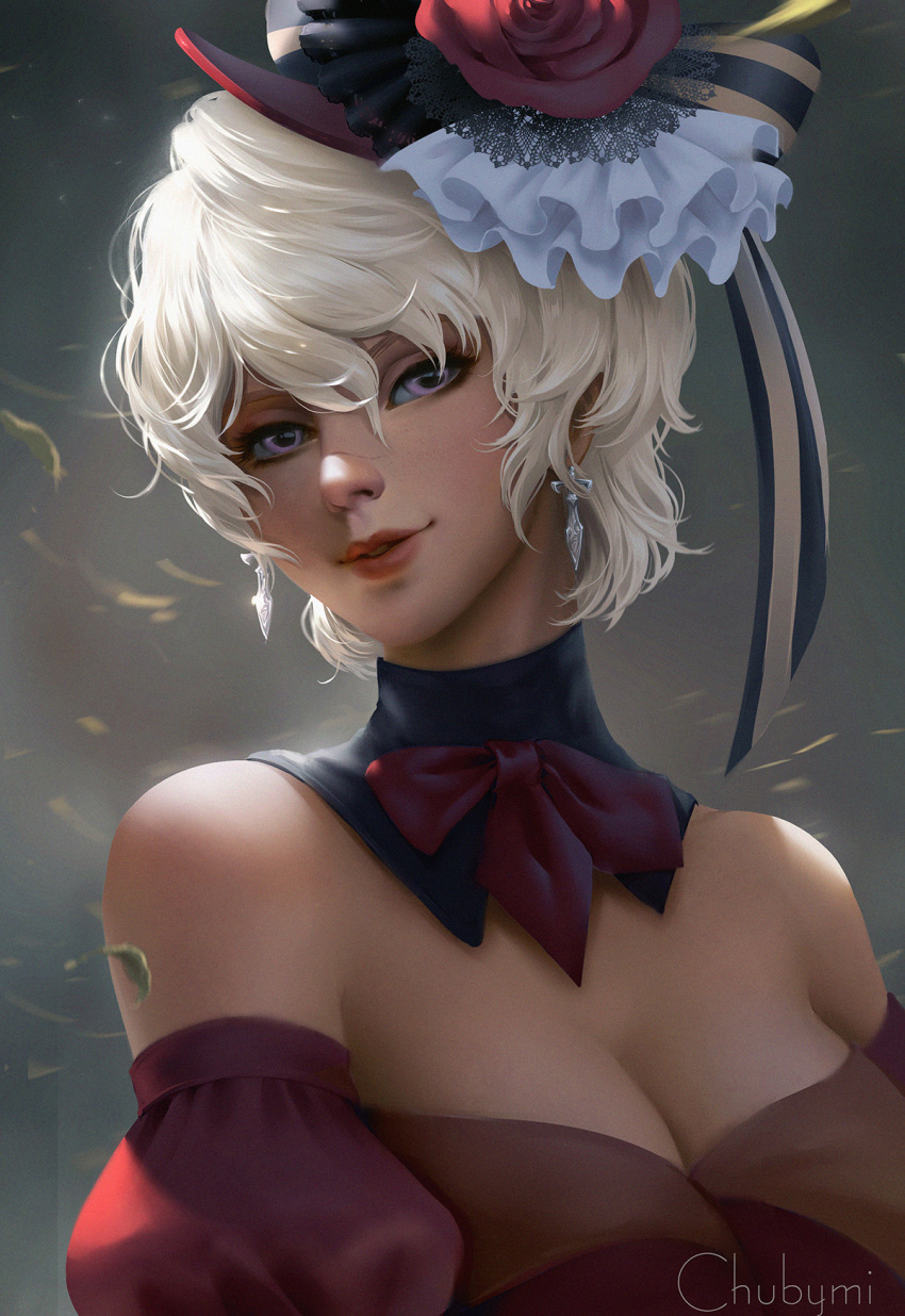 1girl artist_name bare_shoulders black_collar breasts chuby_mi detached_collar eyelashes highres lavender_eyes lips looking_at_viewer medium_breasts nose original parted_lips puffy_sleeves short_hair smile solo upper_body watermark