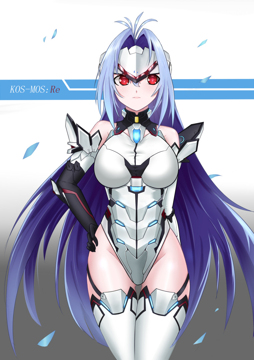 1girl absurdres android bare_shoulders blue_hair breasts elbow_gloves expressionless forehead_protector gloves highres kos-mos kos-mos_re: large_breasts leotard long_hair looking_at_viewer mecha_musume red_eyes solo standing thigh-highs thighs very_long_hair white_leotard xenoblade xenoblade_2 xenosaga