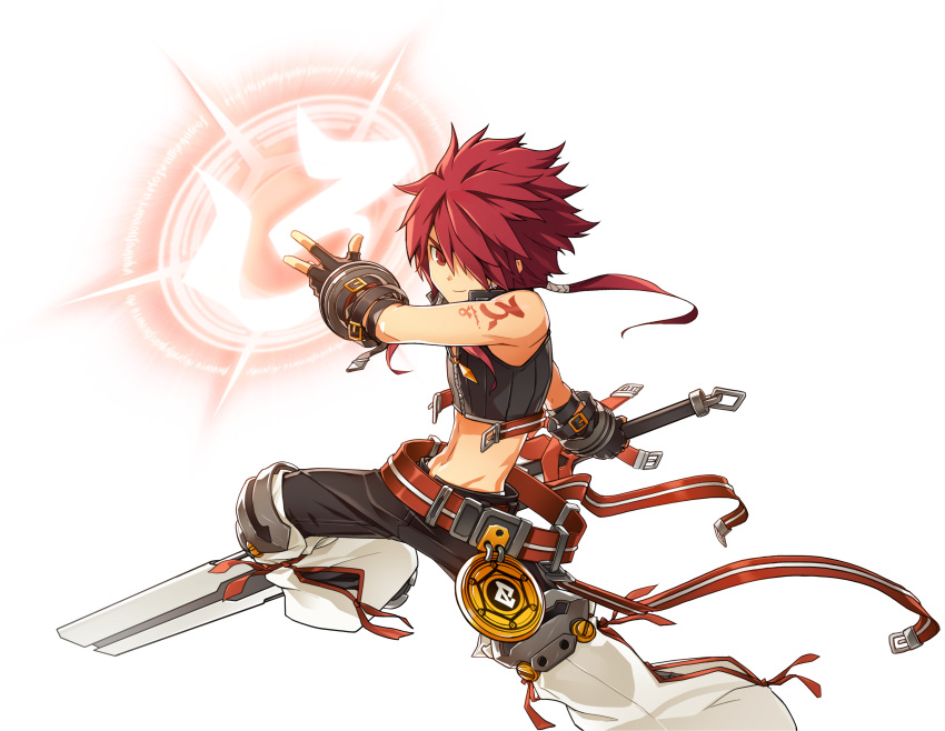 1boy absurdres belt black_gloves black_pants buckle chaps closed_mouth cropped_legs elsword elsword_(character) fingerless_gloves gloves hair_over_one_eye highres holding holding_sword holding_weapon hwansang long_hair looking_at_viewer magic_circle male_focus midriff navel official_art pants ponytail red_eyes redhead reverse_grip rune_slayer_(elsword) smile solo spiky_hair sword tattoo weapon