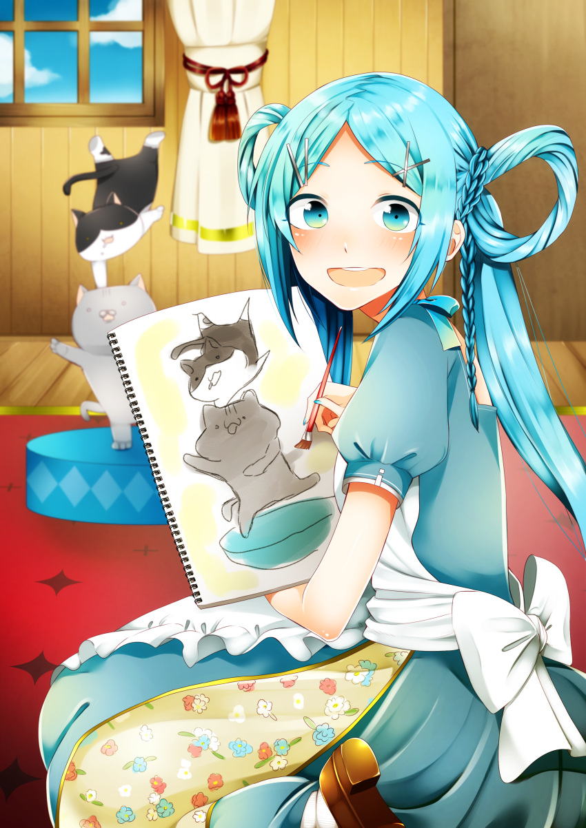 1girl absurdres apron aqua_dress aqua_eyes aqua_hair aqua_nails art_brush braid cat curtains dress french_braid hair_ornament hair_rings hairclip handstand highres indoors long_hair looking_at_viewer looking_back masumofu nail_polish open_mouth paintbrush pixiv pixiv-tan puffy_short_sleeves puffy_sleeves short_sleeves sitting sketchbook smile solo twintails very_long_hair wariza window x_hair_ornament