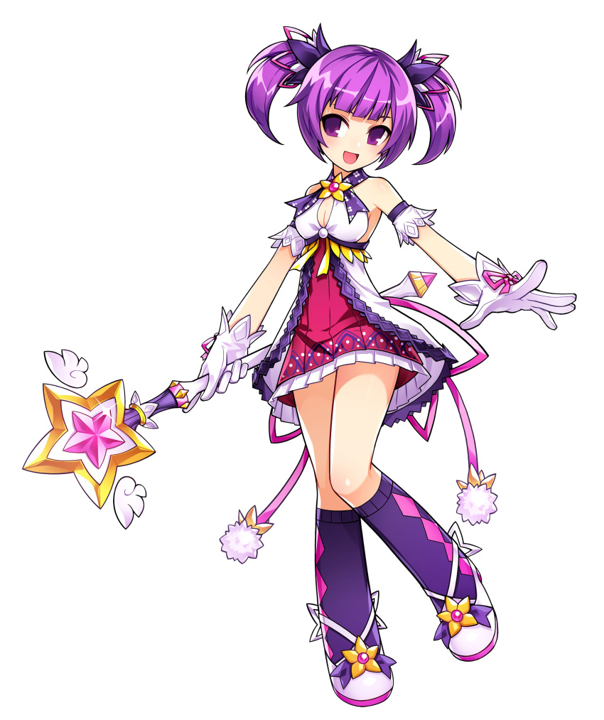 1girl :d absurdres aisha_(elsword) argyle argyle_legwear artist_request battle_magician_(elsword) elsword full_body gloves highres holding holding_staff kneehighs looking_at_viewer multicolored multicolored_clothes multicolored_legwear official_art open_mouth purple_hair purple_legwear purple_skirt shoes short_hair skirt smile solo staff twintails violet_eyes white_footwear white_gloves