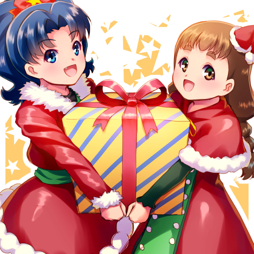 2girls :d arisugawa_himari blue_eyes blue_hair bow box brown_eyes brown_hair capelet carrying christmas commentary_request eyebrows gift gift_box hair_bow hat highres kirakira_precure_a_la_mode long_hair looking_at_viewer mini_hat mini_santa_hat multiple_girls open_mouth precure red_bow red_hat santa_costume santa_hat sayousuke short_hair smile tategami_aoi