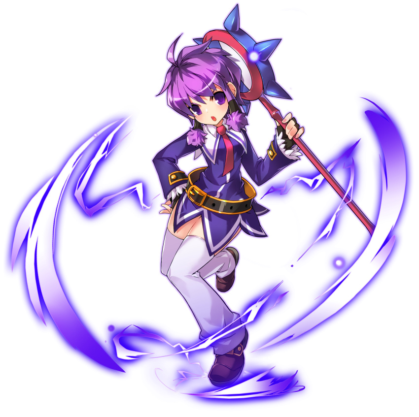 1girl :o absurdres aisha_(elsword) artist_request belt brown_footwear dress elsword full_body hair_tubes hand_on_hip highres holding holding_staff looking_at_viewer magic magician_(elsword) necktie official_art open_mouth purple_dress purple_hair red_neckwear shoes short_hair solo staff thigh-highs violet_eyes white_legwear zettai_ryouiki
