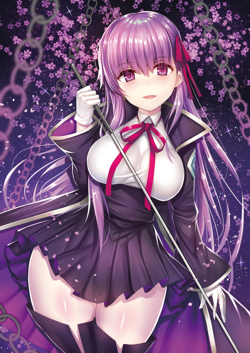 1girl absurdres bangs bb_(fate/extra_ccc) beeyan chains cherry_blossoms fate/extra fate/extra_ccc fate/grand_order fate_(series) hair_ribbon highres holding holding_wand long_hair looking_at_viewer parted_lips purple_hair red_ribbon ribbon solo thigh-highs very_long_hair violet_eyes wand
