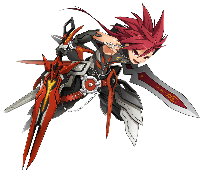 1boy :d absurdres artist_request belt black_gloves black_hair black_pants dual_wielding elbow_gloves elsword elsword_(character) fighting_stance full_body gloves highres holding holding_sword holding_weapon infinity_sword_(elsword) jewelry long_hair male_focus multicolored_hair necklace official_art open_mouth pants red_eyes redhead serious shirt sleeveless sleeveless_shirt smile solo spiky_hair sword two-tone_hair weapon