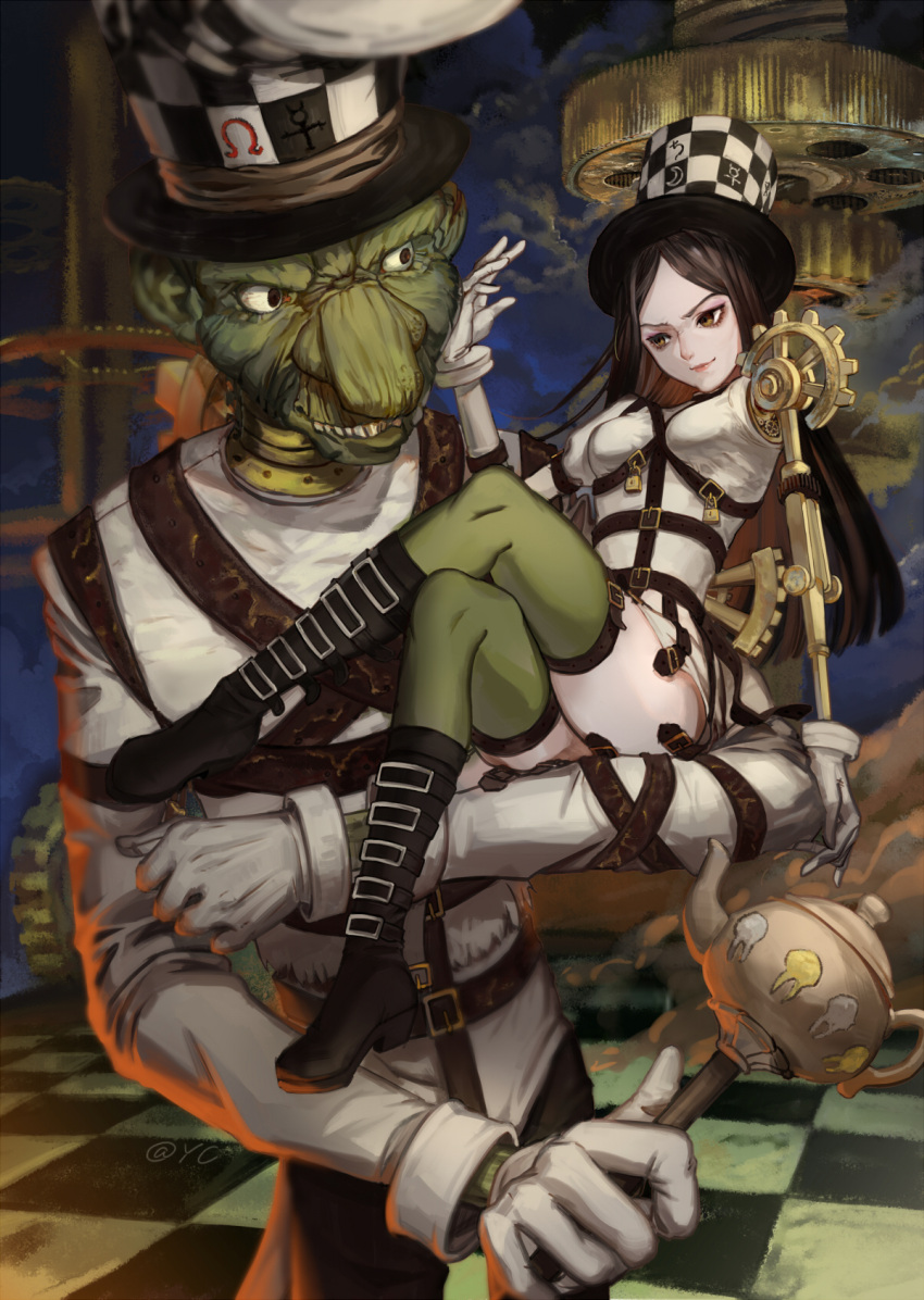 1boy 1girl alice:_madness_returns alice_(wonderland) belt belt_boots black_hair boots brown_eyes gears green_legwear hand_on_another's_face hat highres jewelry lingxia lock long_hair looking_at_another looking_at_viewer necklace padlock straitjacket thigh-highs top_hat