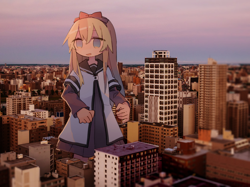 1girl :d backlighting blonde_hair blue_eyes blurry building city cityscape daizu_(melon-lemon) depth_of_field dogakobo dot_nose dress evening eyebrows_visible_through_hair giantess gradient_eyes gradient_sky hair_between_eyes hair_ornament hair_ribbon hairband hands_up highres ichijinsha long_hair multicolored multicolored_eyes nanamori_school_uniform open_mouth photo_background pleated_dress purple_sky real_life_insert realistic_photo red_hairband red_ribbon ribbon sailor_collar sailor_dress school_uniform serafuku short_over_long_sleeves sky sleeve_cuffs smile solo standing toshinou_kyouko what yuru_yuri