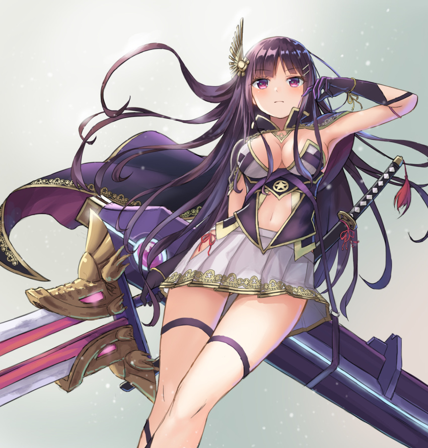 1girl aoyuki black_gloves breasts cape gloves hair_ornament hairclip highres katana long_hair looking_at_viewer medium_breasts navel purple_cape purple_hair sennen_sensou_aigis sheath sheathed skirt solo standing sword violet_eyes weapon white_skirt