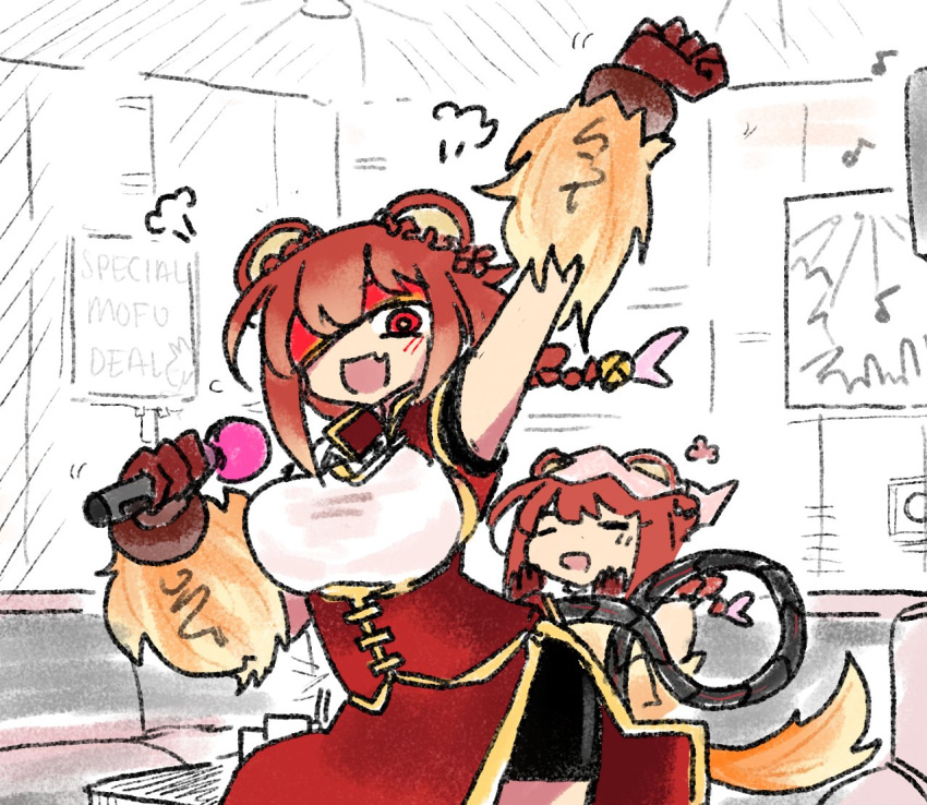 2girls :d animal_ears arm_up bike_shorts blush braid breasts china_dress chinese_clothes closed_eyes commentary dancing dress eyepatch fang fur gloves hands_on_own_face hinezumi_(monster_girl_encyclopedia) indoors large_breasts latenight long_hair looking_at_viewer microphone monster_girl monster_girl_encyclopedia mouse_ears mouse_tail multiple_girls music musical_note open_mouth partially_colored pelvic_curtain red_eyes red_gloves redhead singing single_braid sitting sketch smile standing tail
