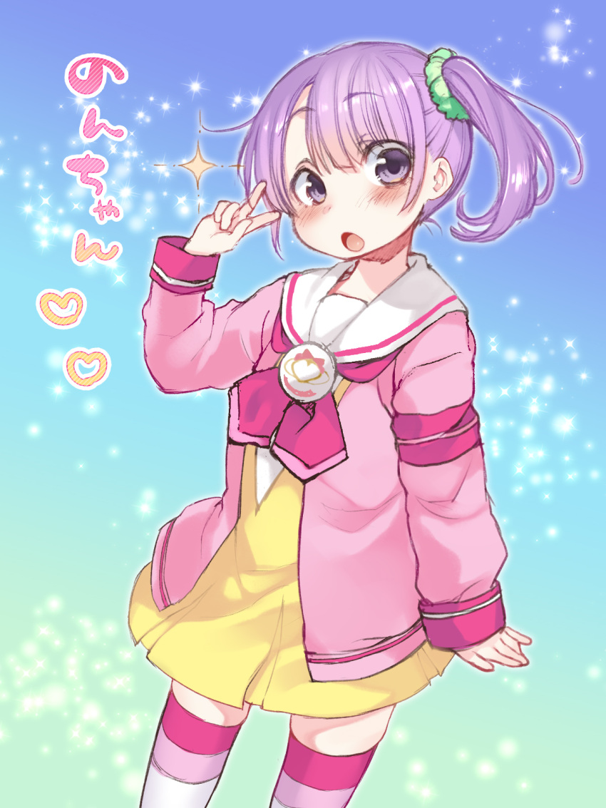 1girl :o bangs collared_jacket dancho_(dancyo) dress eyebrows_visible_through_hair green_scrunchie hair_ornament hair_scrunchie head_tilt heart highres jacket long_sleeves looking_at_viewer manaka_non open_mouth pink_jacket pink_neckwear pleated_dress pripara purple_hair school_uniform scrunchie side_ponytail sleeves_past_wrists solo sparkle striped striped_legwear thigh-highs translation_request v violet_eyes yellow_dress